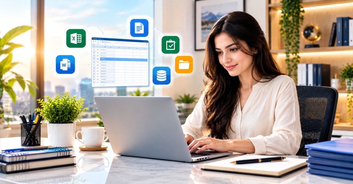 A remote worker entering data on a laptop with spreadsheet and file icons, beside an Online Data Entry Jobs banner