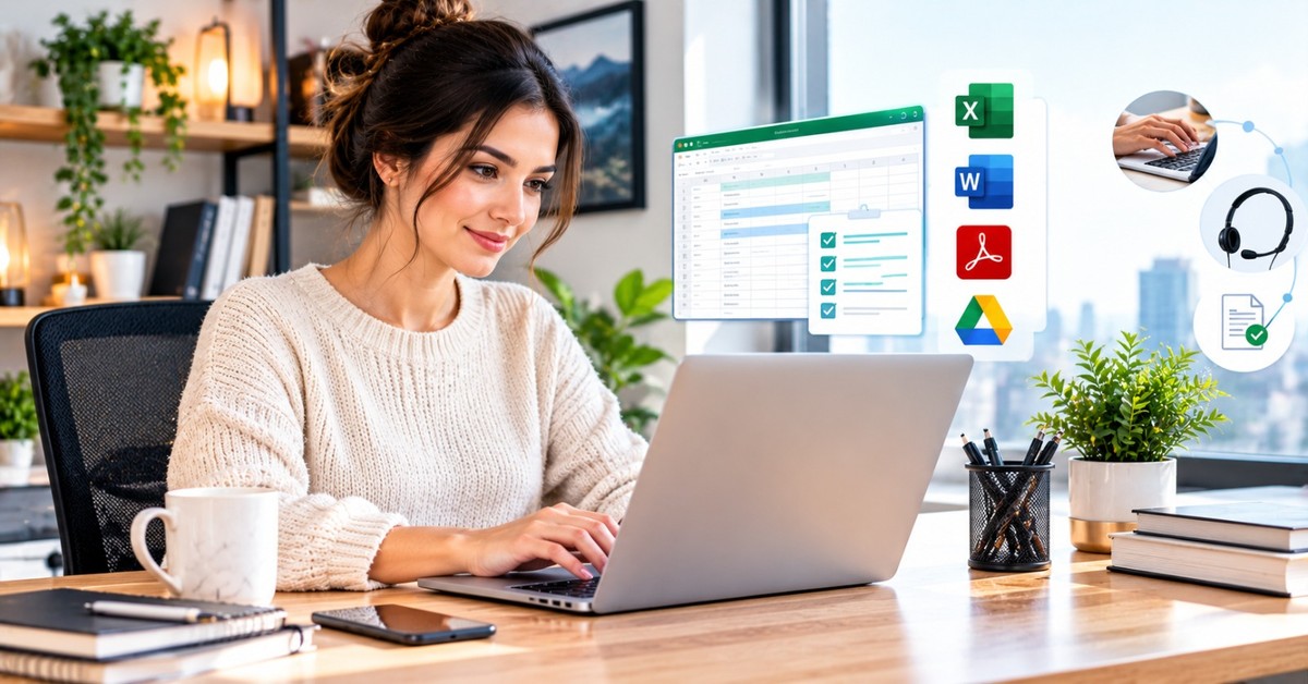 A remote data entry worker at a laptop with spreadsheet, document and cloud tool icons, beside an Online Data Entry Jobs banner