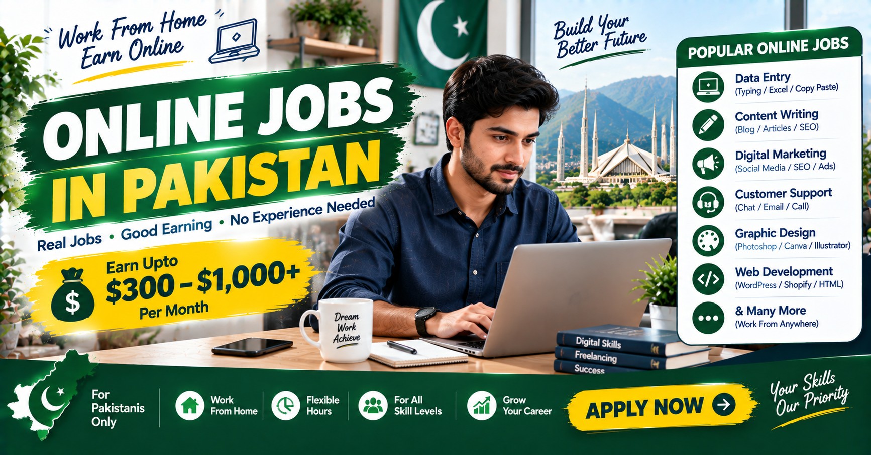 A Pakistani freelancer working on a laptop beside books on digital skills and freelancing