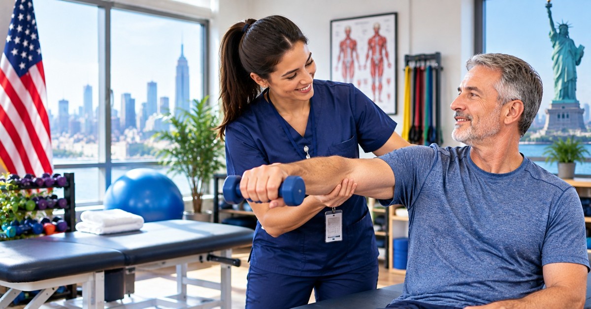A physical therapist in navy scrubs guiding a seated man through a dumbbell arm exercise in a bright clinic, the New York skyline and Statue of Liberty through the window