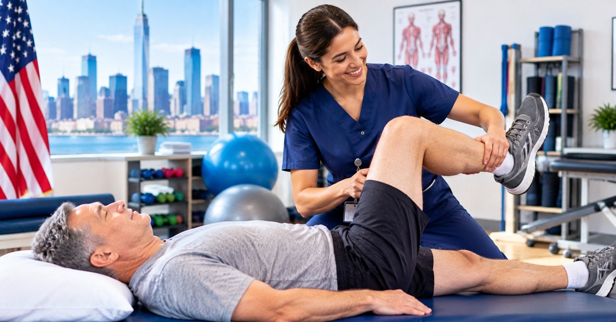 A physical therapist supporting a man's leg through a stretch on a treatment table in a rehab gym, an American flag and the New York skyline behind them