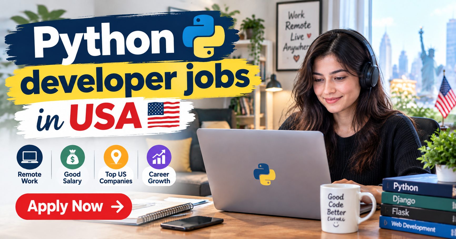 Remote Python developer jobs in USA banner covering Django, Flask and competitive salaries