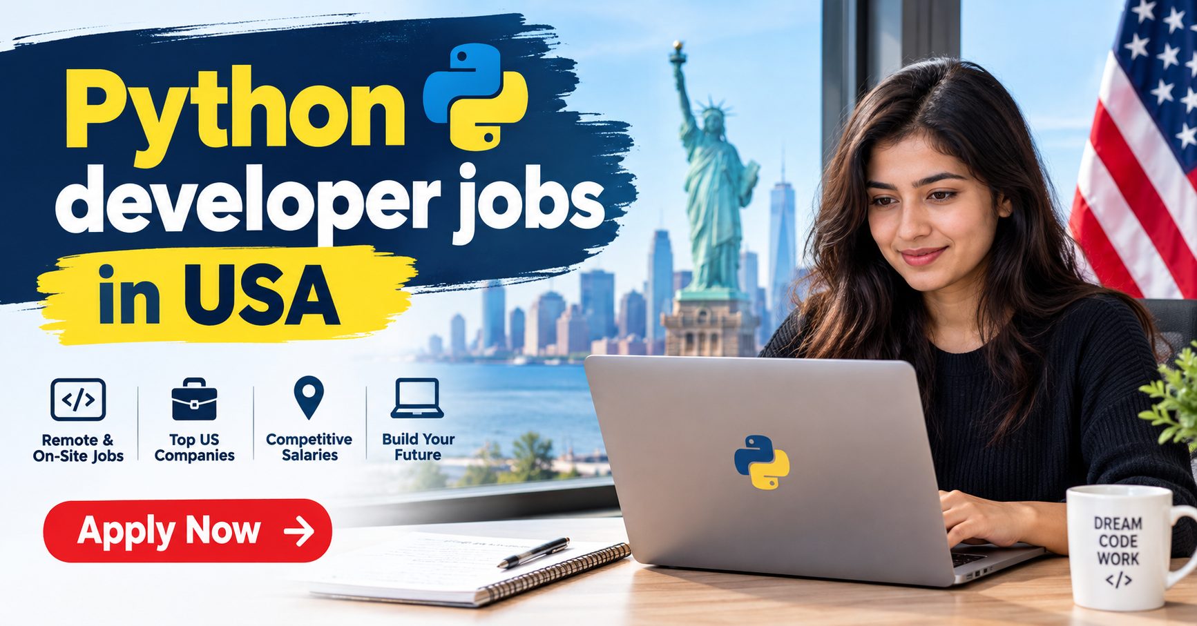 Python developer jobs in USA banner showing remote and on-site roles with top US companies