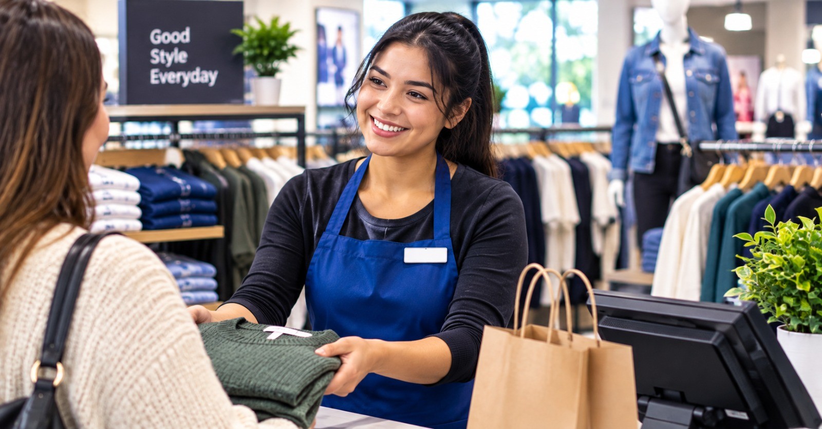 A retail associate handing a folded sweater and a paper shopping bag to a customer at a US store checkout