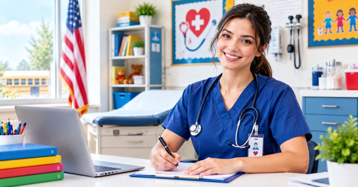 A smiling school nurse in navy scrubs with a stethoscope writing notes at her desk in a school health office, with an American flag and a school bus outside the window