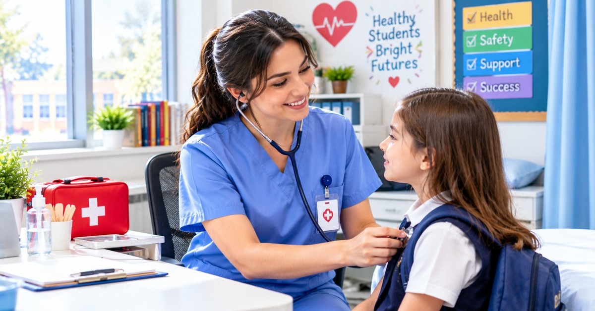 A school nurse in light blue scrubs listening to a smiling student's chest with a stethoscope in a bright school health office with a first aid kit on the desk