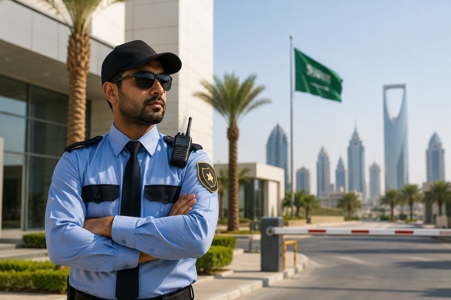 Security guard on duty outside a corporate building in Riyadh — security guard jobs in Saudi Arabia