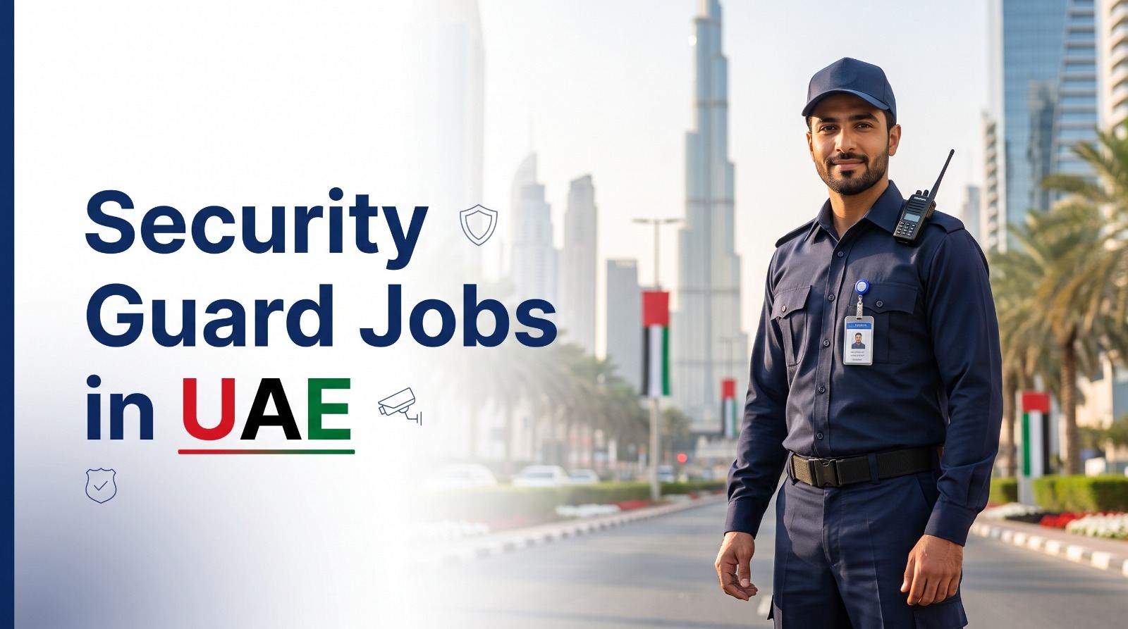 A licensed security guard on duty at a commercial building entrance in the UAE