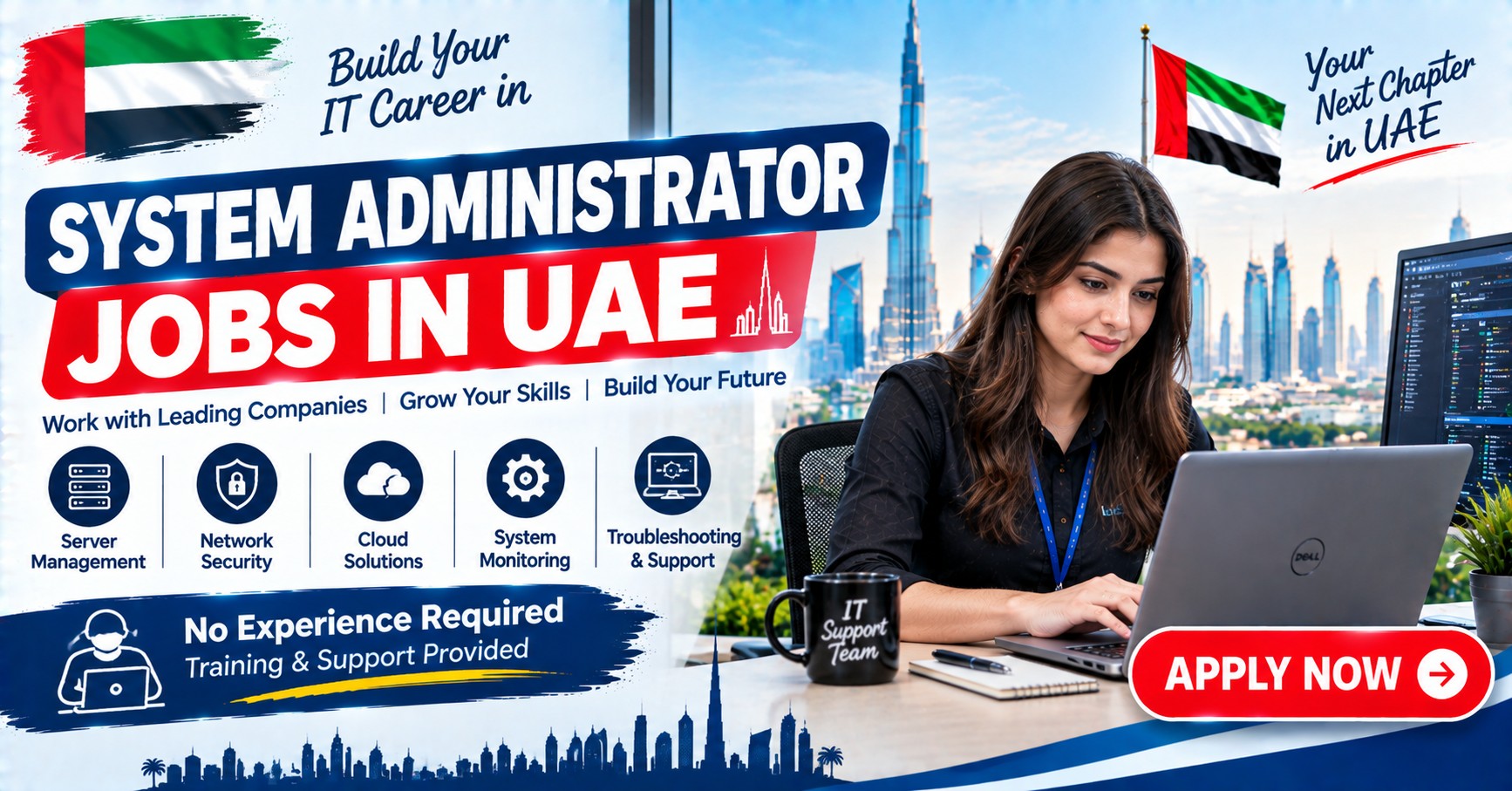 A system administrator smiling at a laptop in a Dubai office with the city skyline and UAE flag in the background