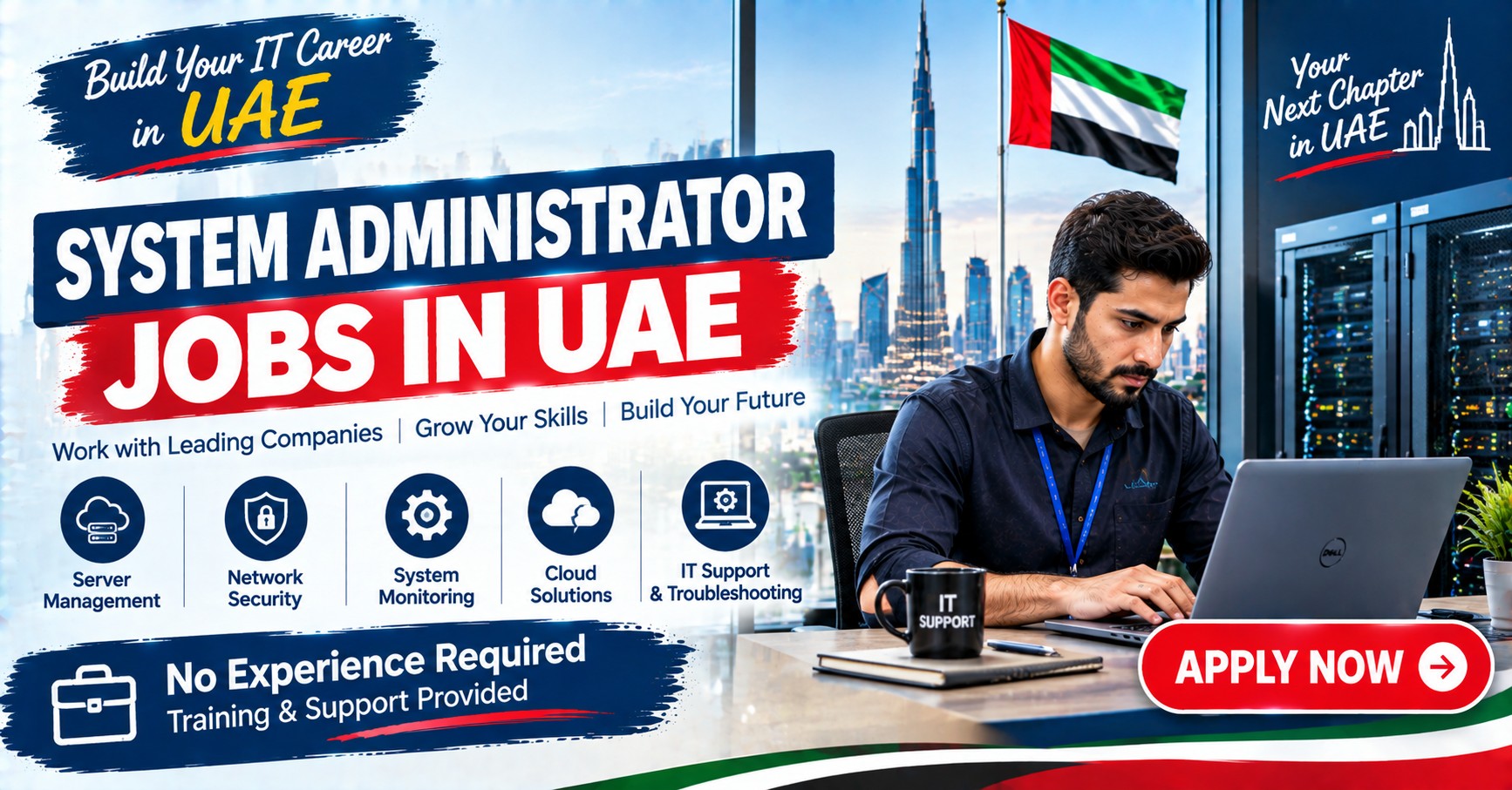 A system administrator working on a laptop at a desk beside server racks with the Burj Khalifa and UAE flag behind