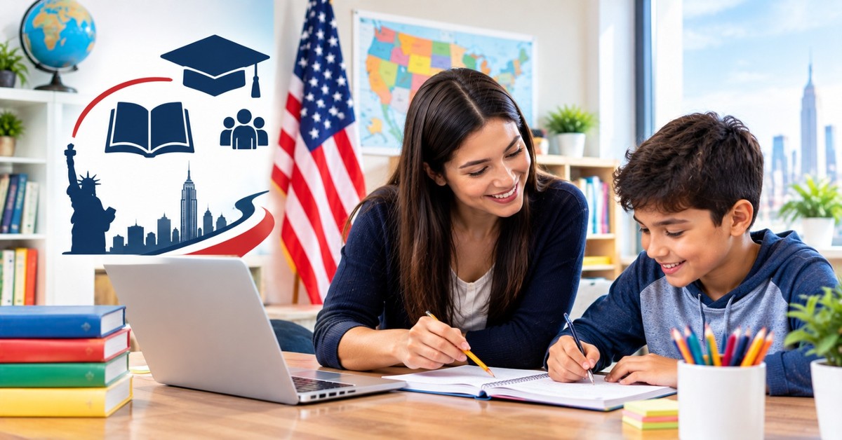 A smiling tutor helping a boy with his written work at a desk with a laptop and textbooks, with an American flag, a US map and a city skyline in the background