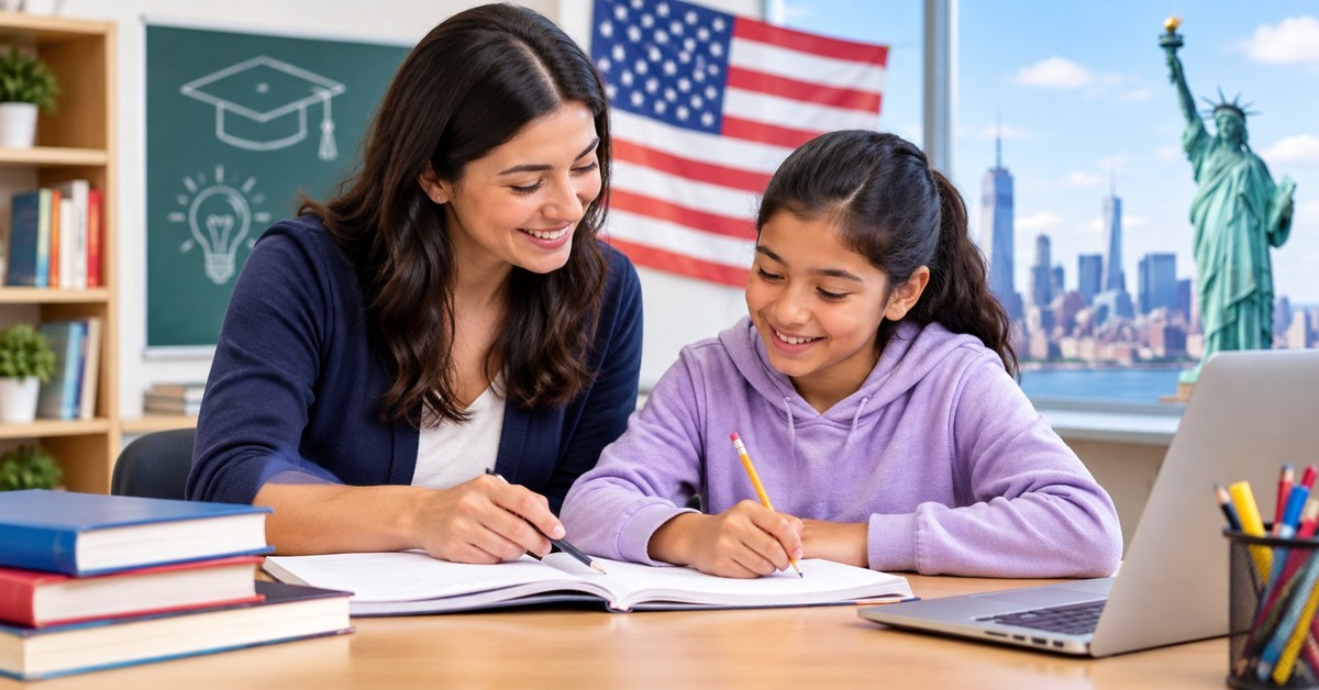 A tutor and a smiling girl in a lavender hoodie working through a notebook together at a desk, with an American flag, the New York skyline and the Statue of Liberty behind them