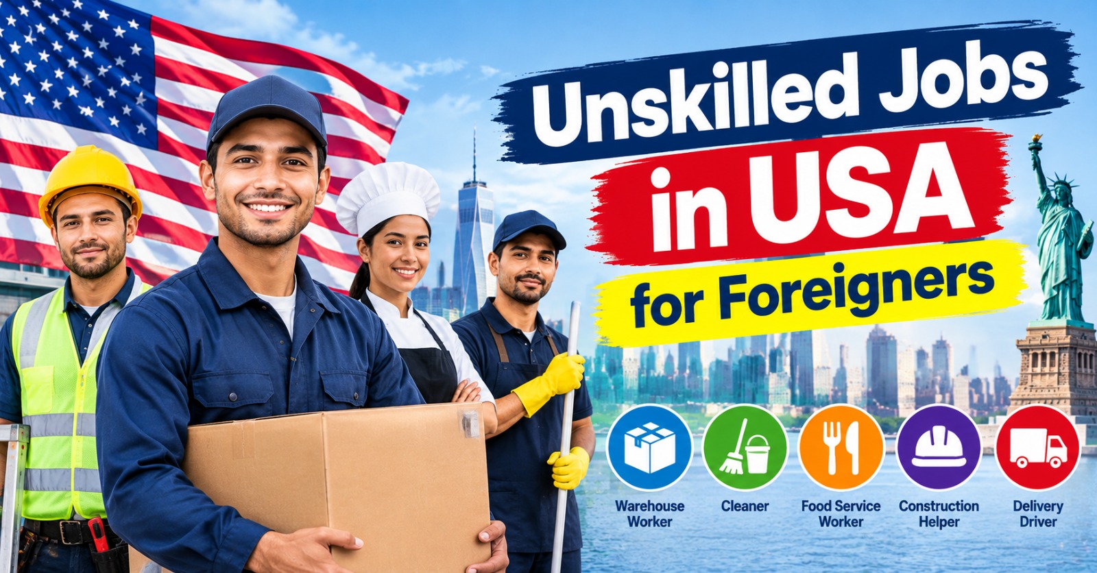 Unskilled job categories in the USA — warehouse, cleaning, food service, construction and delivery