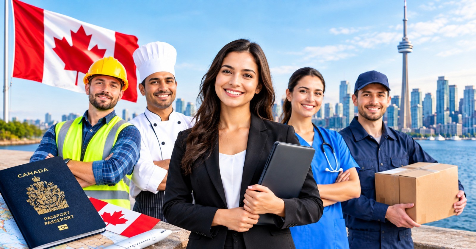 Five workers in construction, kitchen, office, healthcare and delivery uniforms standing by the Toronto waterfront with a passport on a map