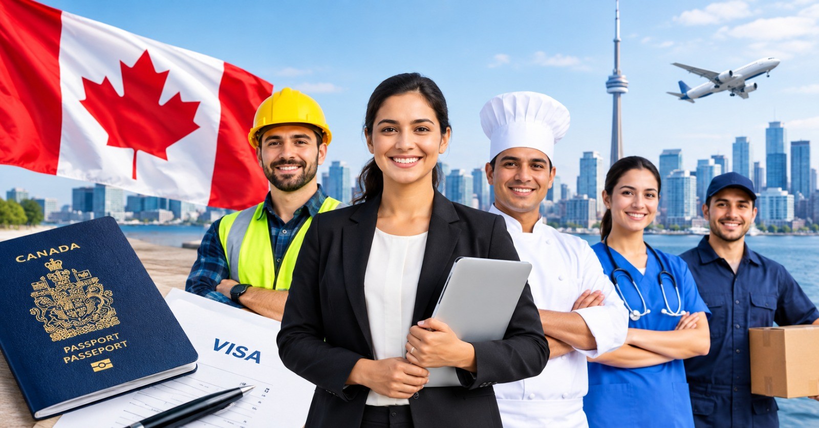A construction worker, office worker, chef, nurse and delivery worker smiling in front of the Toronto skyline, with a passport and visa papers