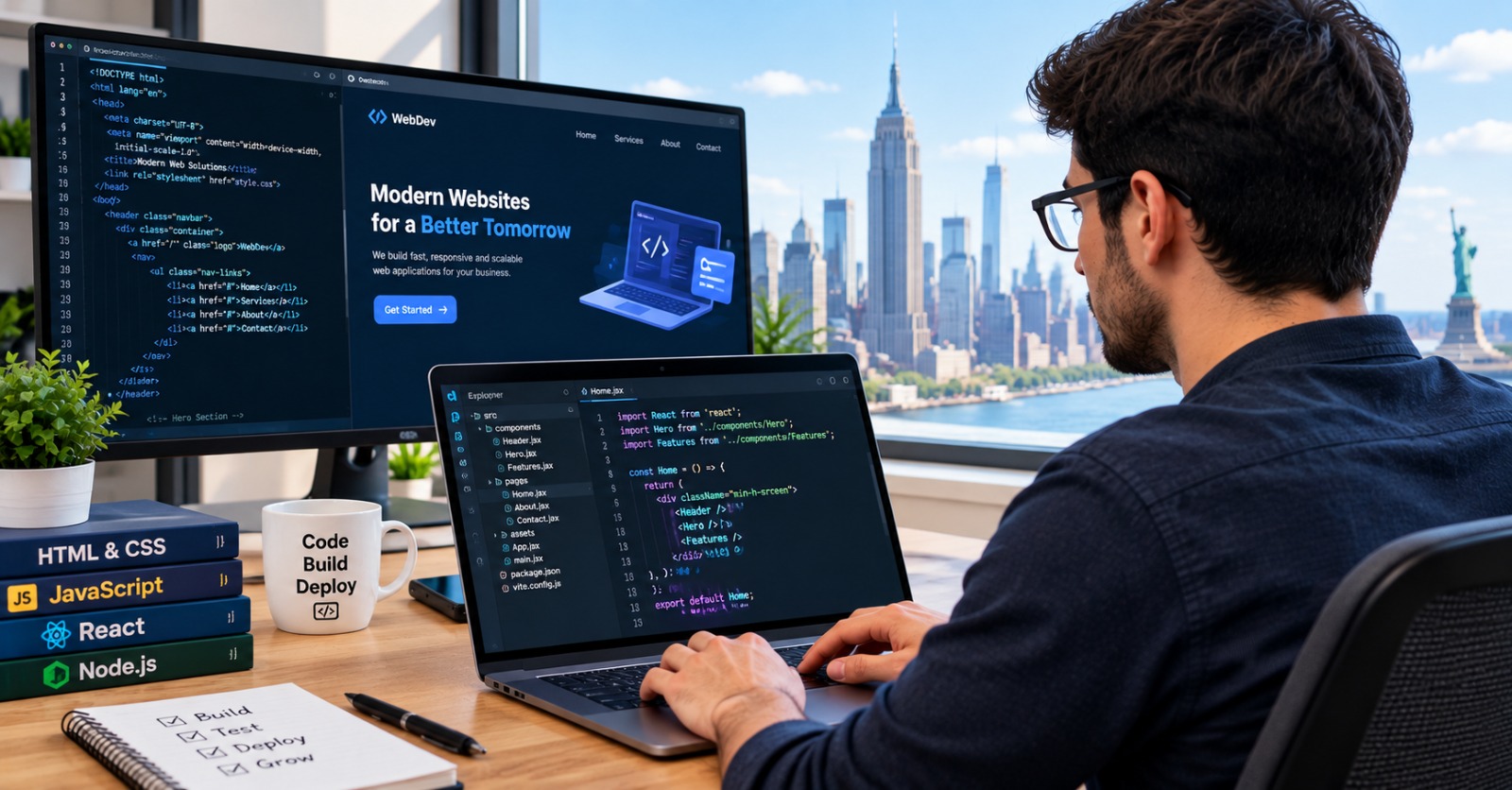 A remote web developer working on a US web application build and deployment