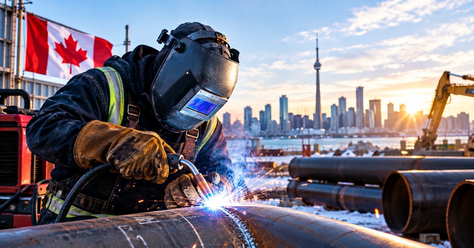 A welder in a helmet welding a large steel pipe at a Canadian worksite with the Toronto skyline behind