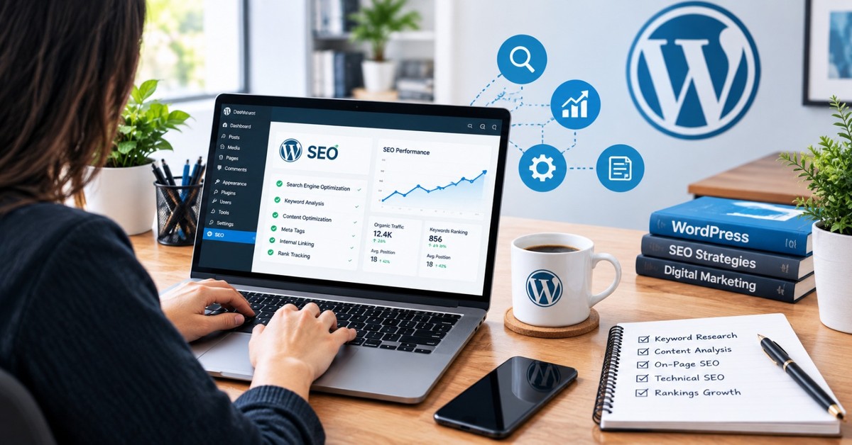 WordPress dashboard showing an SEO performance panel with organic traffic, keyword rankings and average position