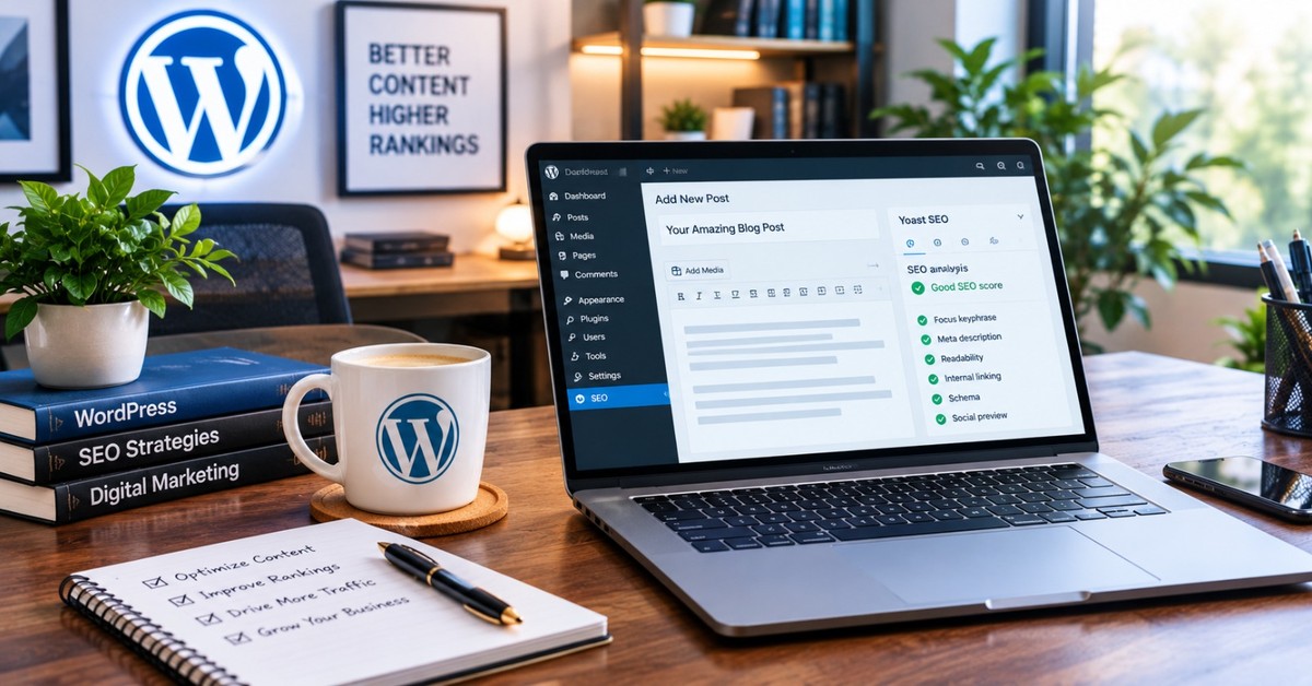 WordPress editor with the Yoast SEO panel open showing focus keyphrase, meta description and readability checks