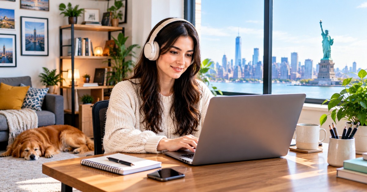 A woman in headphones working on a laptop in a cozy apartment with a dog asleep on the rug and the Statue of Liberty and Manhattan skyline outside the window