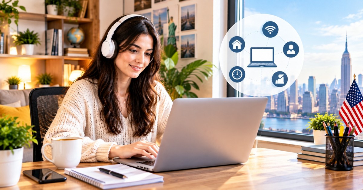 A smiling woman wearing white headphones typing on a laptop at a wooden desk in a bright home office overlooking a city skyline, with an American flag and a notebook beside her
