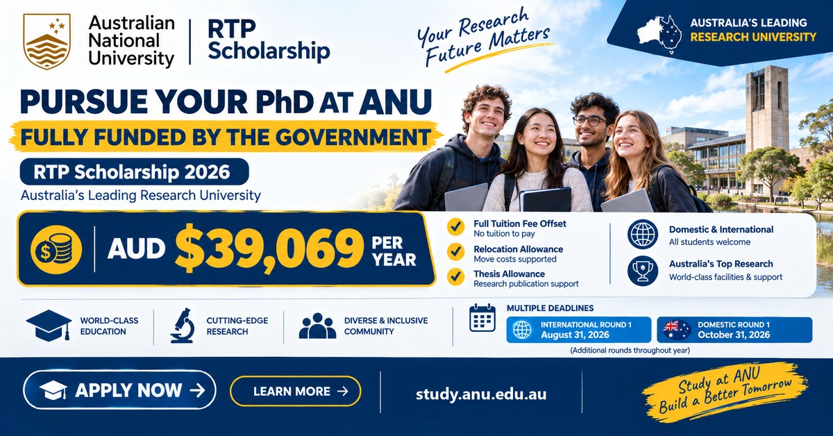 Australian National University RTP Scholarship 2026–27 poster
