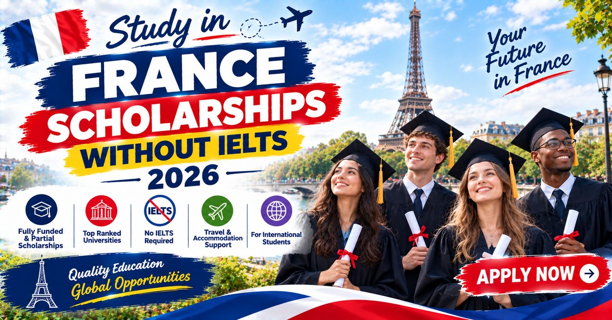 Graduates in caps and gowns in Paris, France scholarships without IELTS 2026