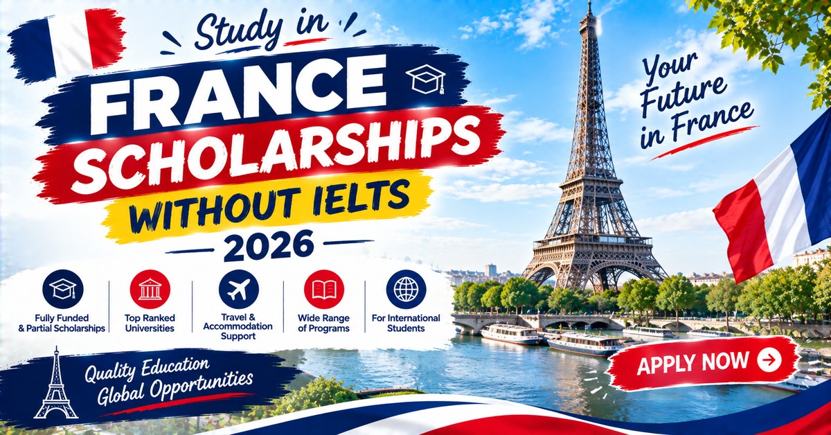 France scholarships without IELTS 2026 poster with the Eiffel Tower and the Seine