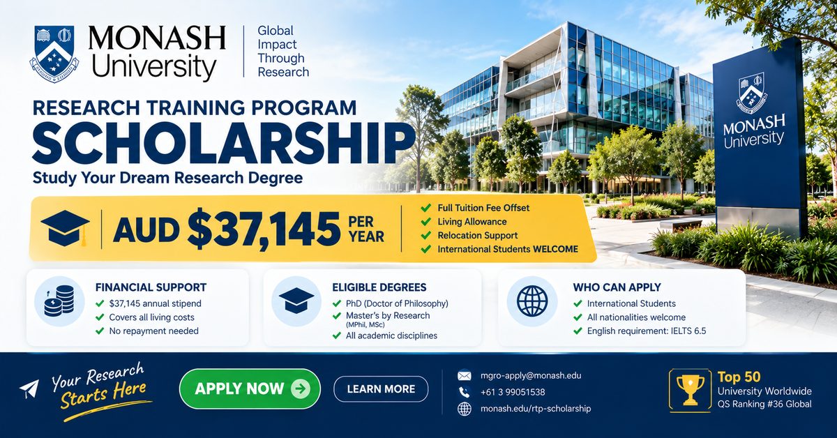 Monash University RTP Scholarship 2026–27 poster