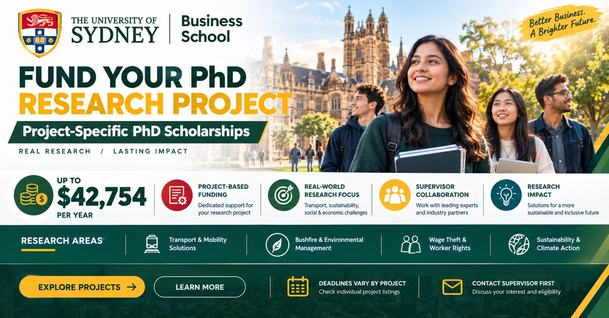 University of Sydney Business School PhD Scholarships 2026–27 poster