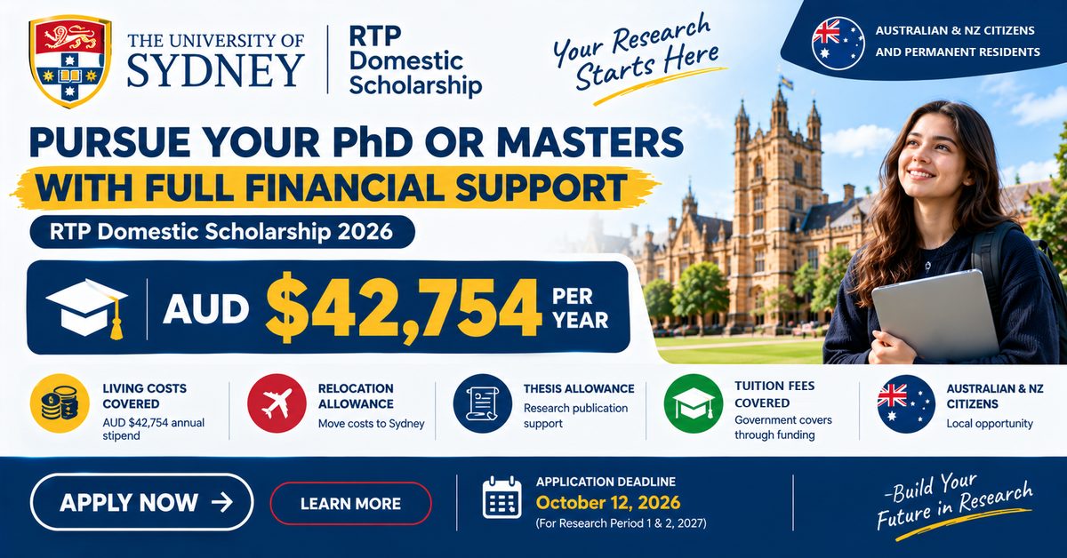 University of Sydney RTP Domestic Scholarship 2026–27 poster