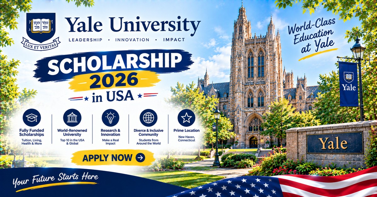 Yale University Scholarship 2026 poster showing Harkness Tower and the Yale sign in New Haven, Connecticut