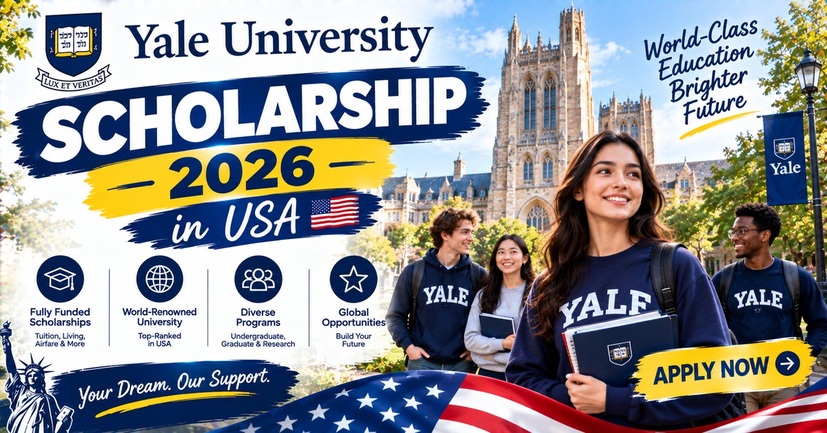 Yale University Scholarship 2026 in USA poster with students in Yale sweatshirts in front of Harkness Tower
